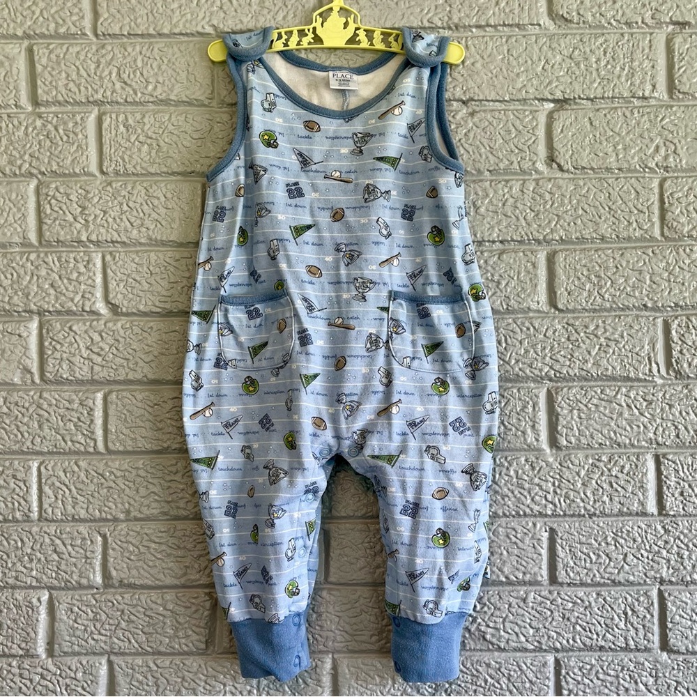The Children’s Place 9M Blue Baby Overalls Romper Sports themed Print Football